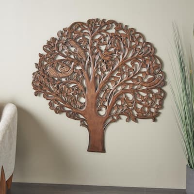 Brown Wooden Carved Tree Home Wall Decor with Animal Accents