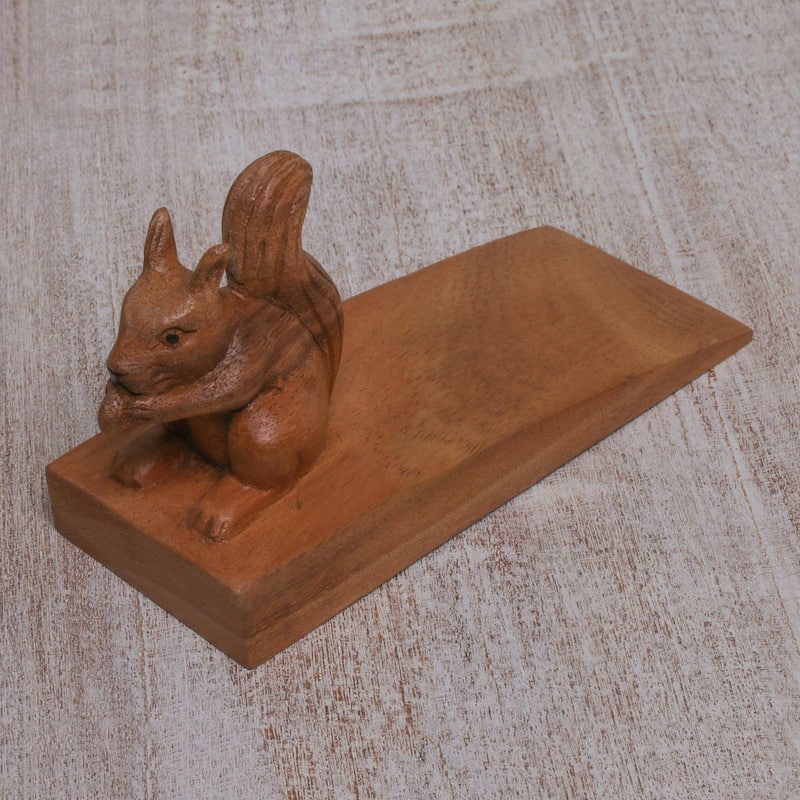 Novica Handmade Helpful Squirrel In Brown Wood Doorstop