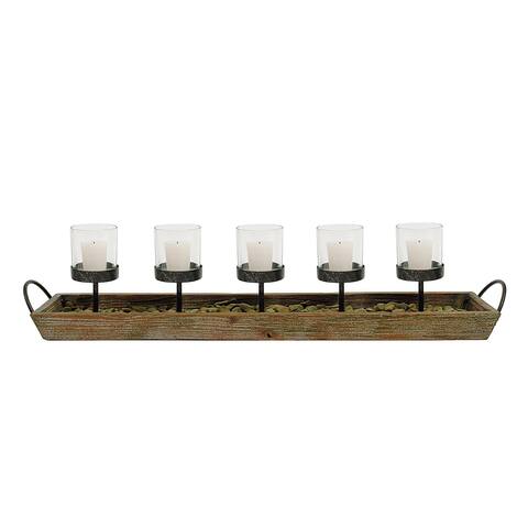 5 Metal Votive Candleholders in Rectangle Wood Tray with Handles