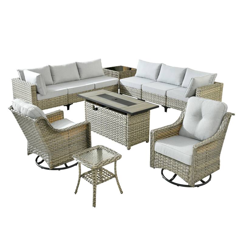 OVIOS 11-Piece Outdoor Wicker Swivel Chair Set With Solar-Powered Coffee Table&Fire Pit