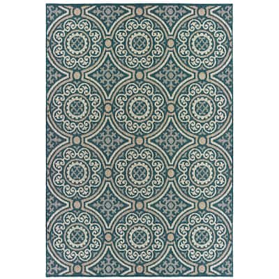 Lakewood Blue Grey Geometric Outdoor Casual Area Rug