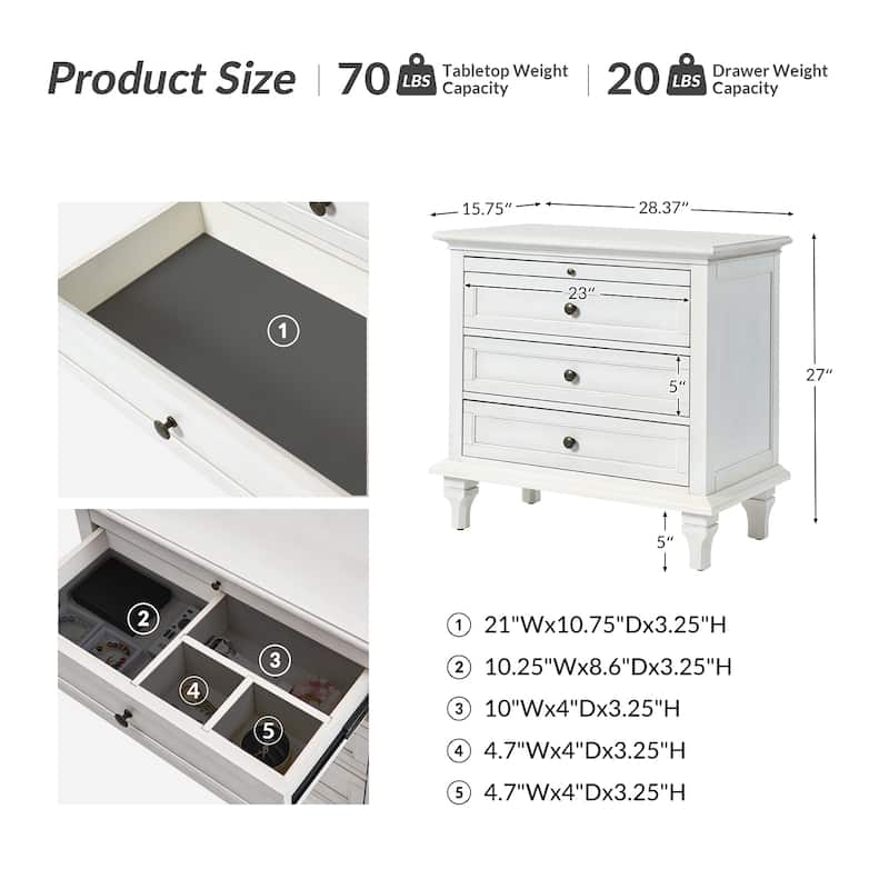 Muriel Farmhouse 3 Drawers Nightstand with Built-In Outlets Set of 2 by HULALA HOME