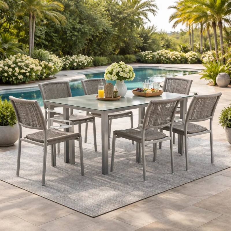 Kylo 7 Piece Dining Table Set, Aluminum, Gray Rope Weave Backrest and Seat
