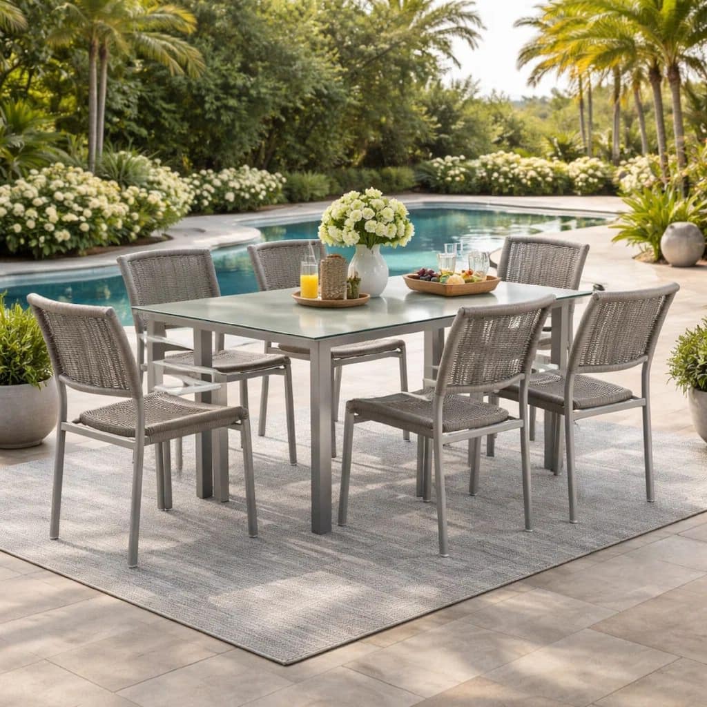 Kylo 7 Piece Dining Table Set, Aluminum, Gray Rope Weave Backrest and Seat