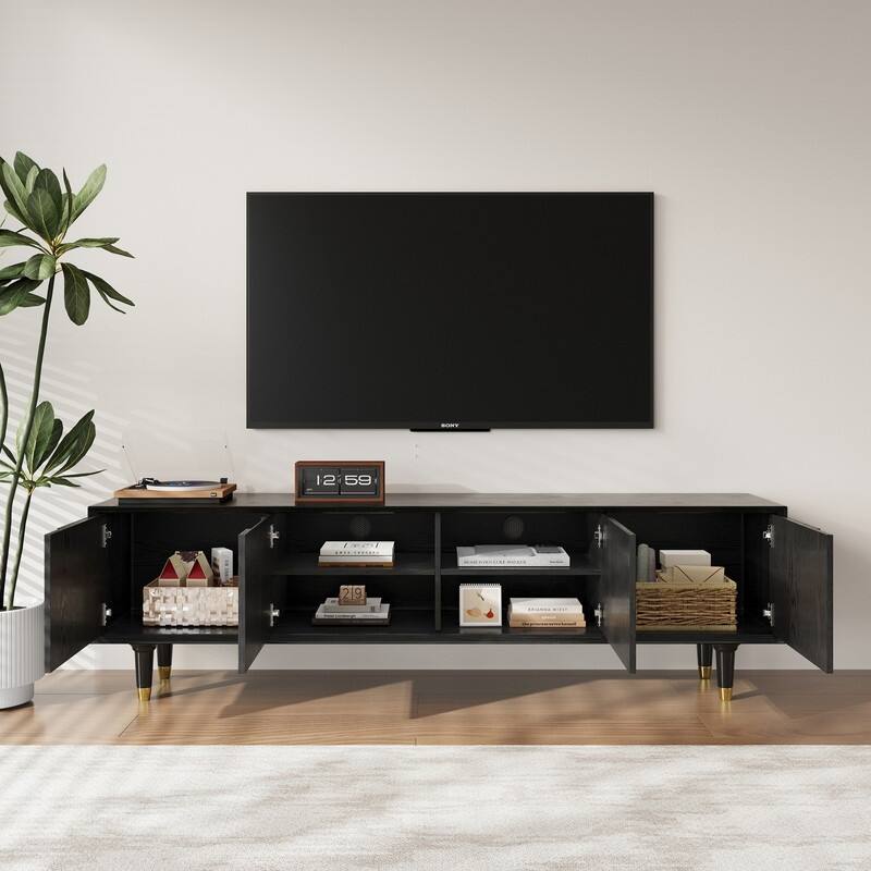 71" Black Mid-Century Modern TV Stand for 75 Inch TV, Media Console Entertainment Center with 4 Doors and Solid Wood Legs
