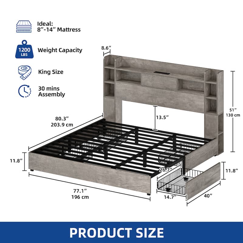 Moasis Queen/King Size Bed Frame with Bookcase Headboard and 4 Storage Drawers - Gray - King