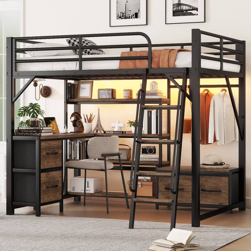 Iron High Loft Bed, LED Loftbed Frame with Desk and Charging Station, Heavy Duty Metal Loft Bed with Shelves and Drawers