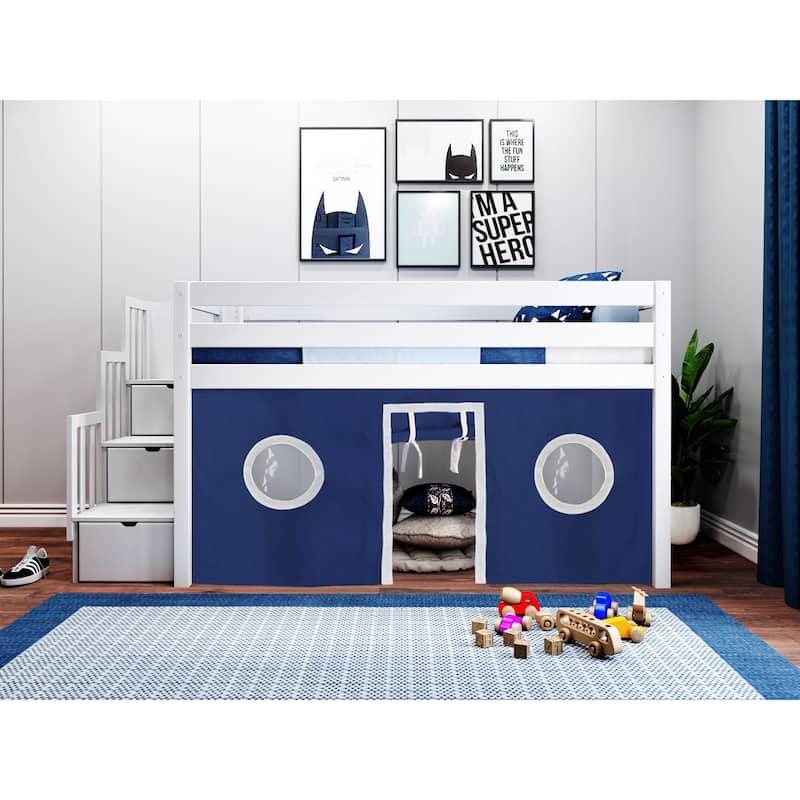 JACKPOT Contemporary Low Loft Twin Bed with 3 Step Stairway and Tent