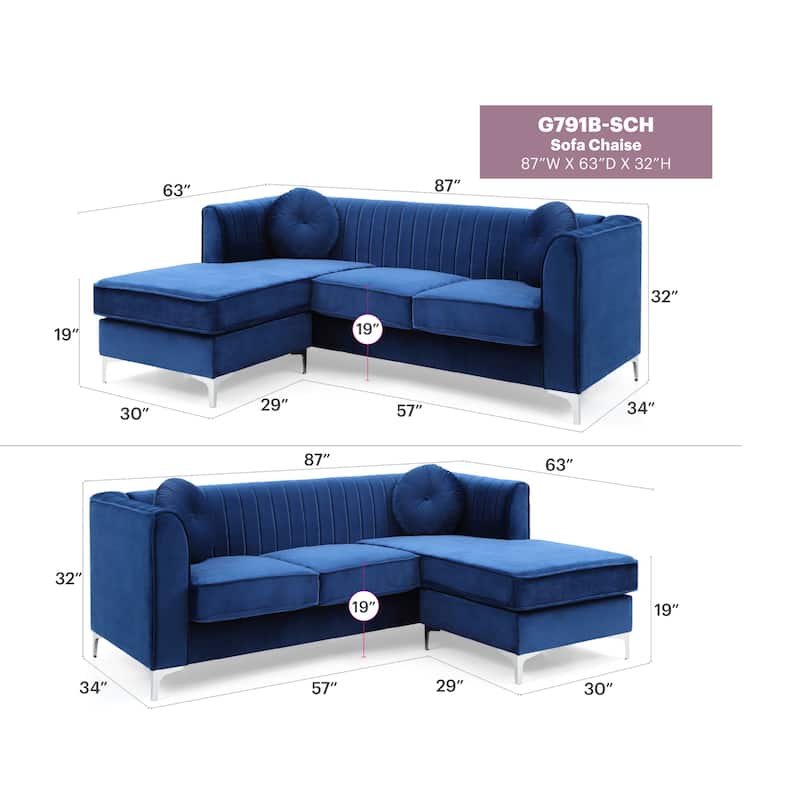 Navy Blue Velvet Sofa Chaise, 75x63x32 inches, 146 lbs, Semi-Assembled w/ Chrome Legs & Pillows