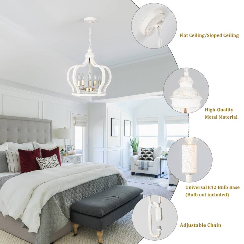 5-Light Rustic Crown Wood Ceiling Light Farmhouse Shabby Chic Chandelier, Bohemian Chandelier for Living Room Dining Foyer