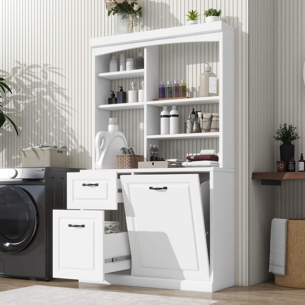 70.9" Tall Bathroom Storage Cabinet Free Standing Linen Tower with Tilt Out Hamper and Drawers