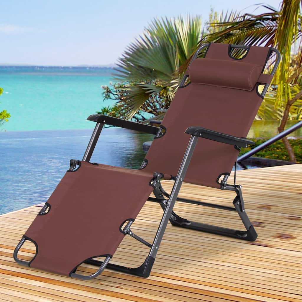 Folding Outdoor Chaise Lounger with Adjustable Backrest, Headrest and Pocket for Patio Beach or Lawn