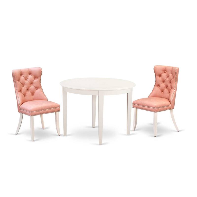 3-Piece Linen White Finish Round Solid Wood Top Dining Table Set