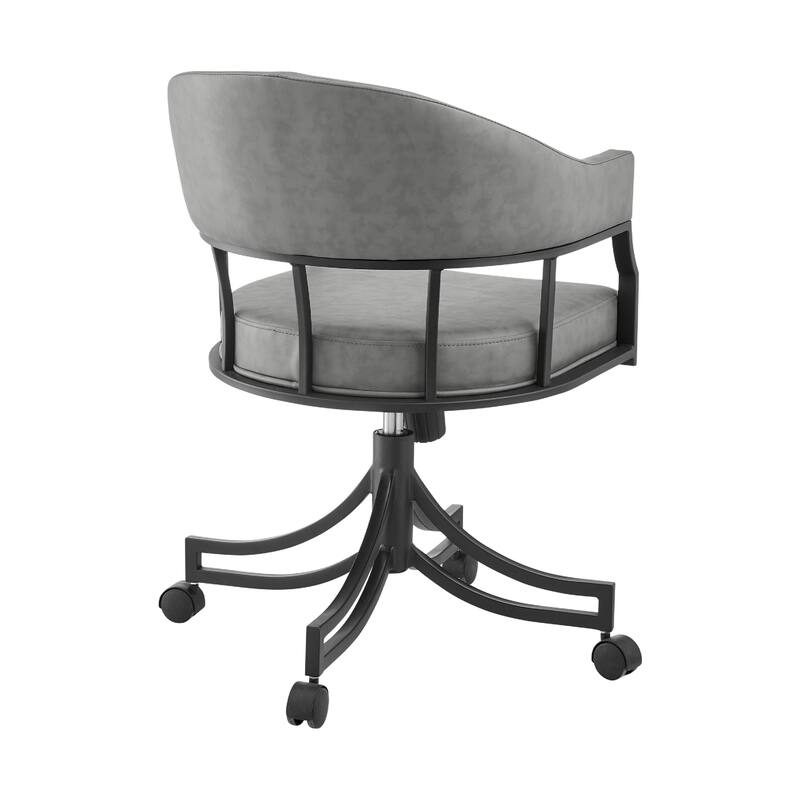 Tibby Swivel Dining Chair, Tilt Rolling, Black Iron, Gray Faux Leather