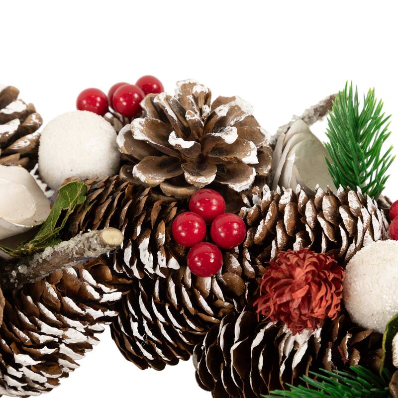 White Wooden Rose Pine Cone Artificial Christmas Wreath,13.5", Unlit