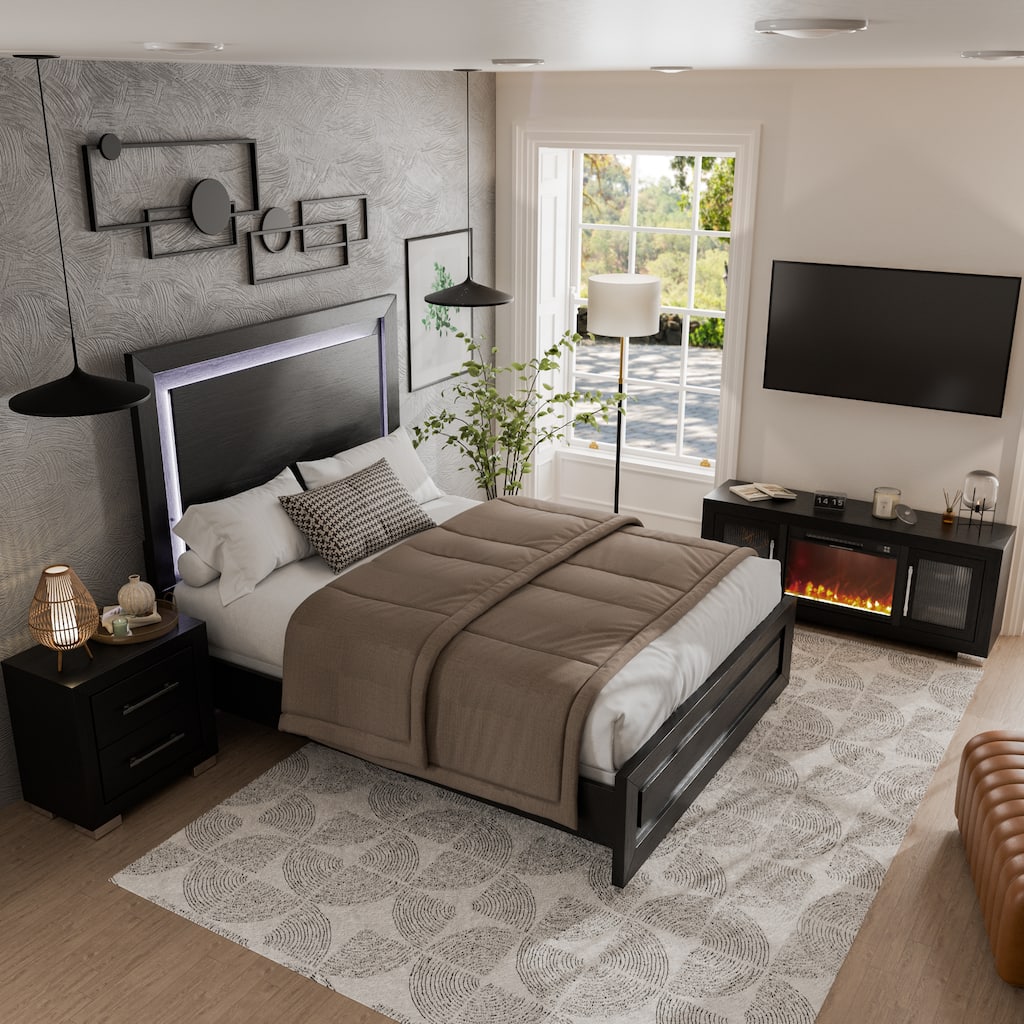 Furniture of America Alaric Modern Black Solid Wood 4-Piece Queen Bedroom Set with 60-inch Fireplace TV Stand and 2 Nightstands