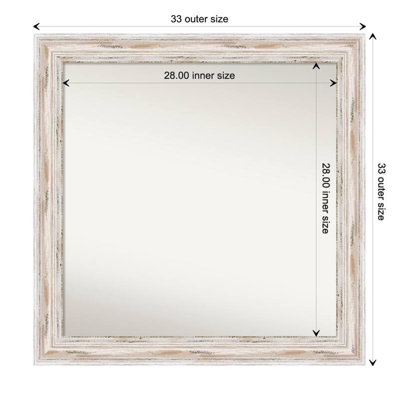 Alexandria White Wash Framed Non-Beveled Custom Wall Mirror, Bathroom Vanity Mirror - Outer Size: 33.25 x 33.25