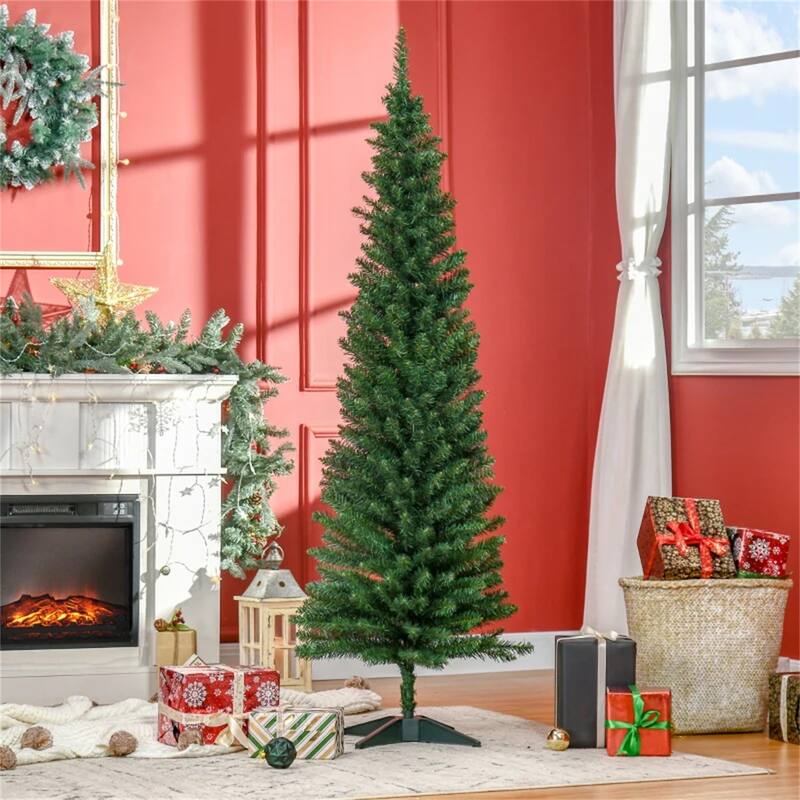 6 Foot Green Artificial Pencil Christmas Tree Unlit 390 Tips Slim Space Saving Plastic Metal Base - Dia 21.75" x 70.75" H