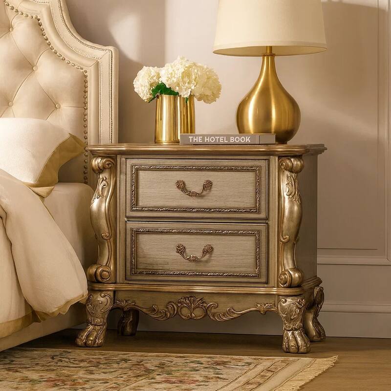 Wooden Nightstand with Two Drawers, Gold & Bone White