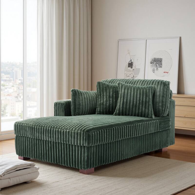 42" W Plush Corduroy Upholstered Chaise Lounge Sleeper for Living - Chaise&2 Pillows-Left Facing - Green