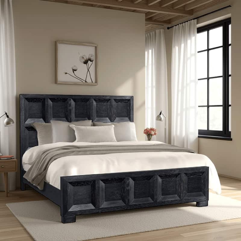 Kizie Queen Bed, Classic Recessed Panel, Weathered Black Solid Wood
