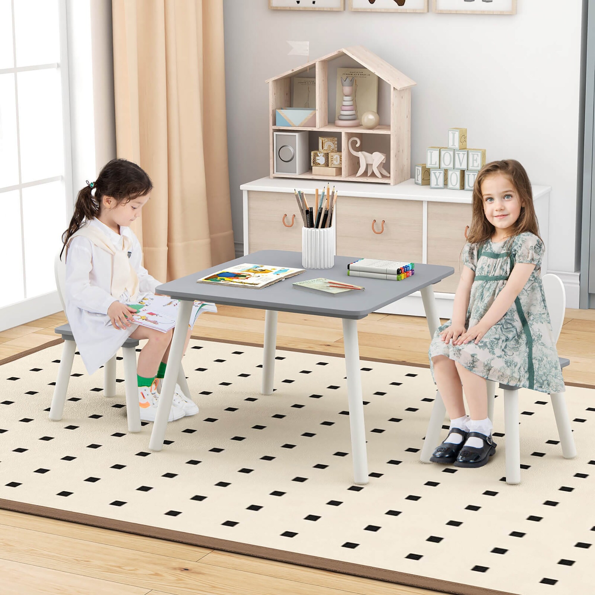 Gymax 3 Pieces Kids Table & Chairs Set Children Wooden