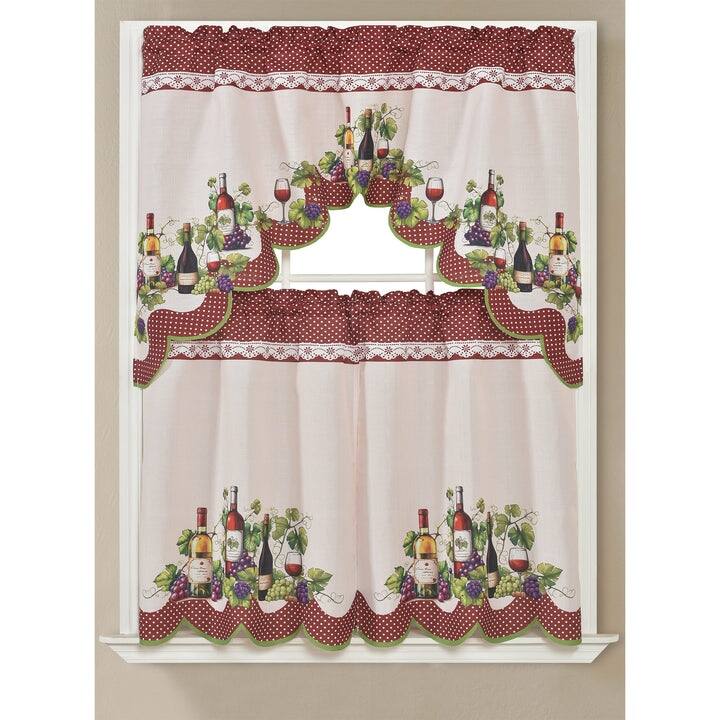 Merlot Wine 3D Kitchen Curtain Set, Burgundy, Swag Valance 60x36, Tiers 30x36 Inches - 60x36, Tiers 30x36 Inches - Burgundy
