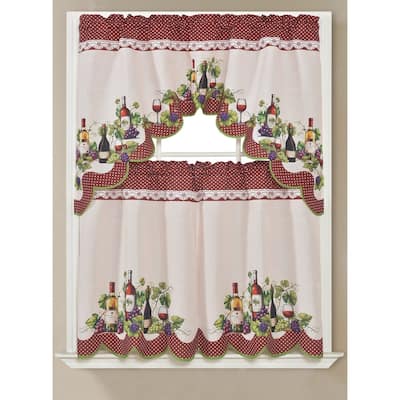 Merlot Wine 3D Kitchen Curtain Set, Burgundy, Swag Valance 60x36, Tiers 30x36 Inches - 60x36, Tiers 30x36 Inches