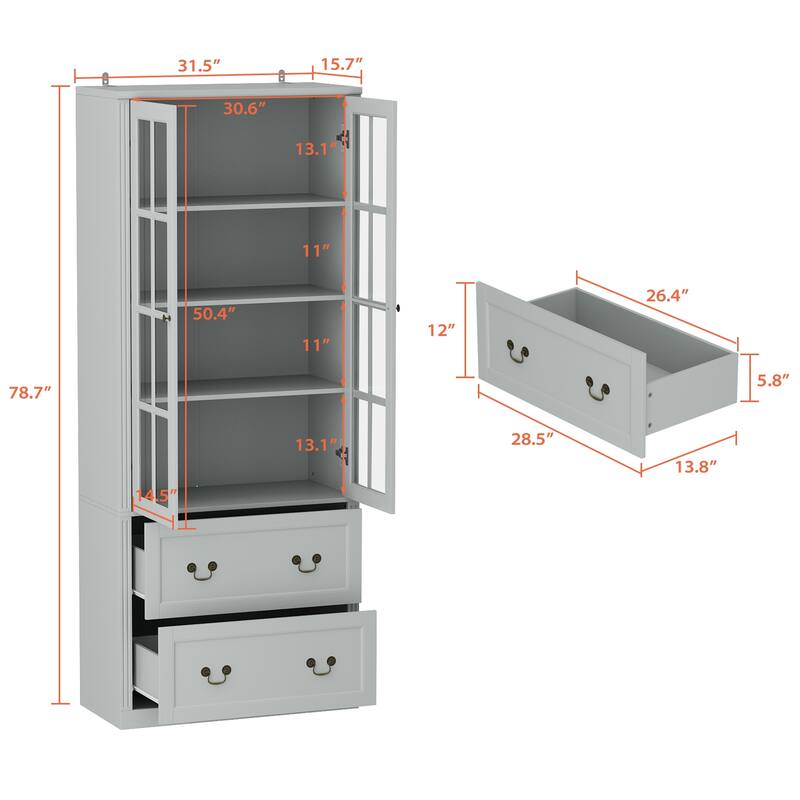 78.7" Combo Buffet Bookcase Storage Cabinet Glass Bookshelf Display