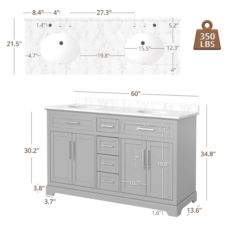 36/48/60 in. Bathroom Vanity in Wood with Ceramic Undermount Sink, Vanity with soft close Drawers