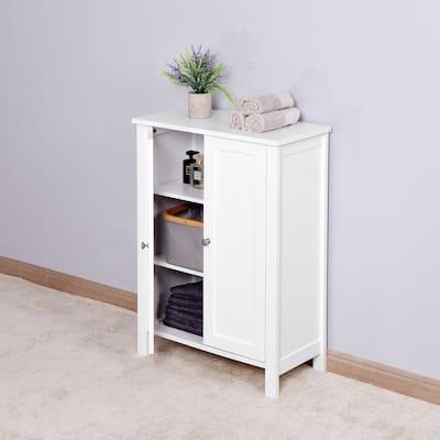 Bathroom Floor Storage Cabinet with Double Door Adjustable Shelf, White