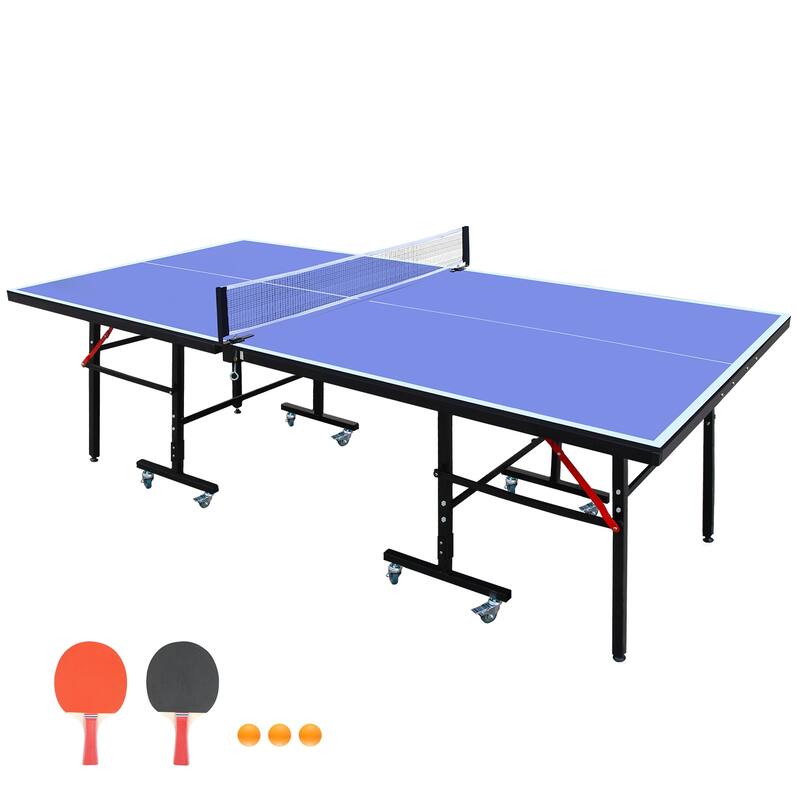 Roomfitters 8ft Indoor Table Tennis Table, Foldable & Portable Ping Pong Set with Net, 2 Bats and 3 Balls, Blue
