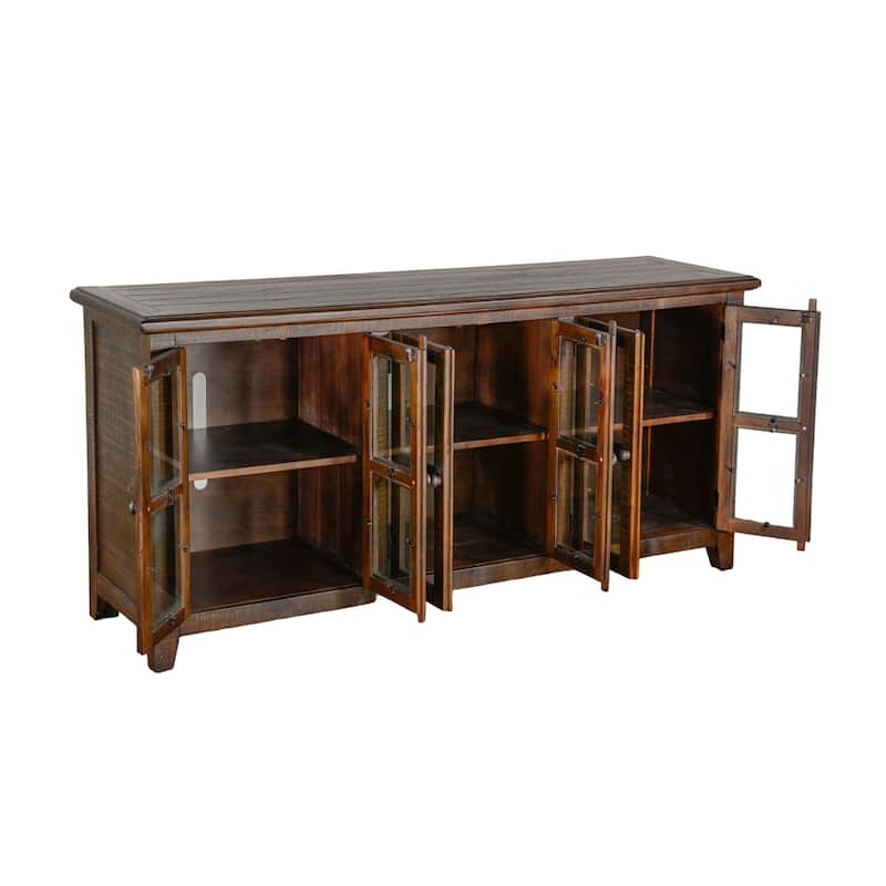 Yael TV Media Console, 6 Shelves, Glass Doors, 70 Inch Dark Brown Wood