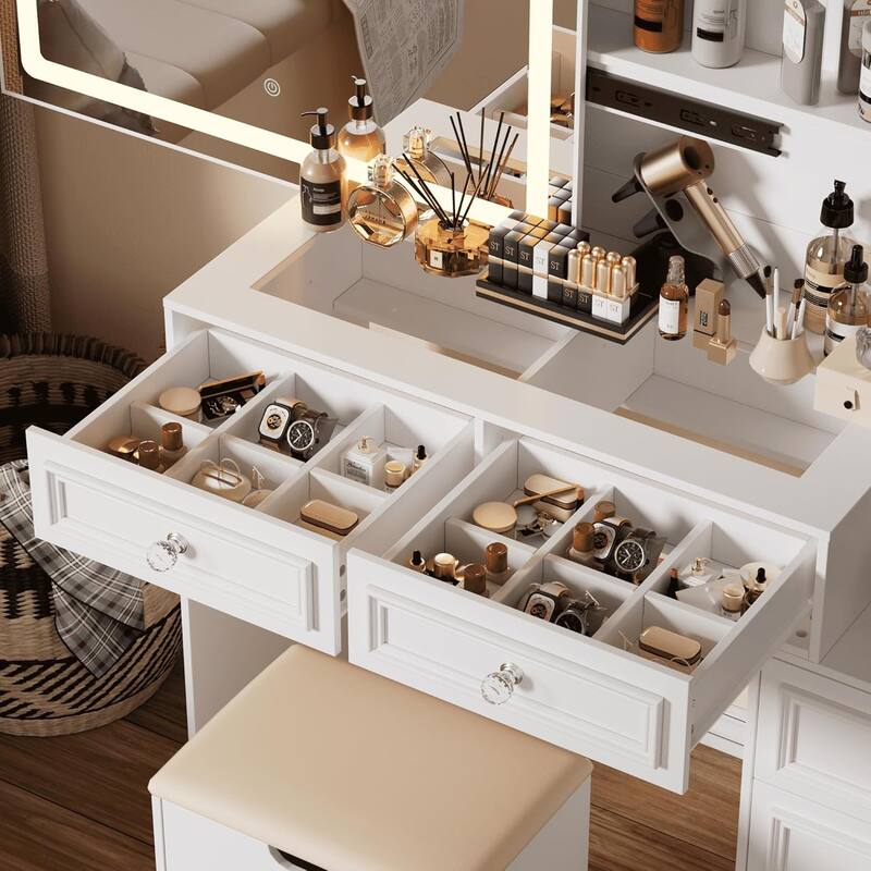 Vanity Desk Set with Sliding Lighted Mirror & Stool, 5 Drawers, Storage Cabinet, Charging Station