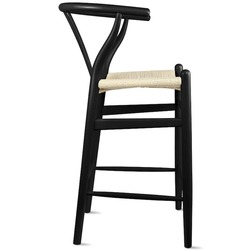 Set of 2 Solid Wood Elbow Barstool with Open Y Back Farmhouse Dining Office Chairs with Woven Beige Seat - N/A
