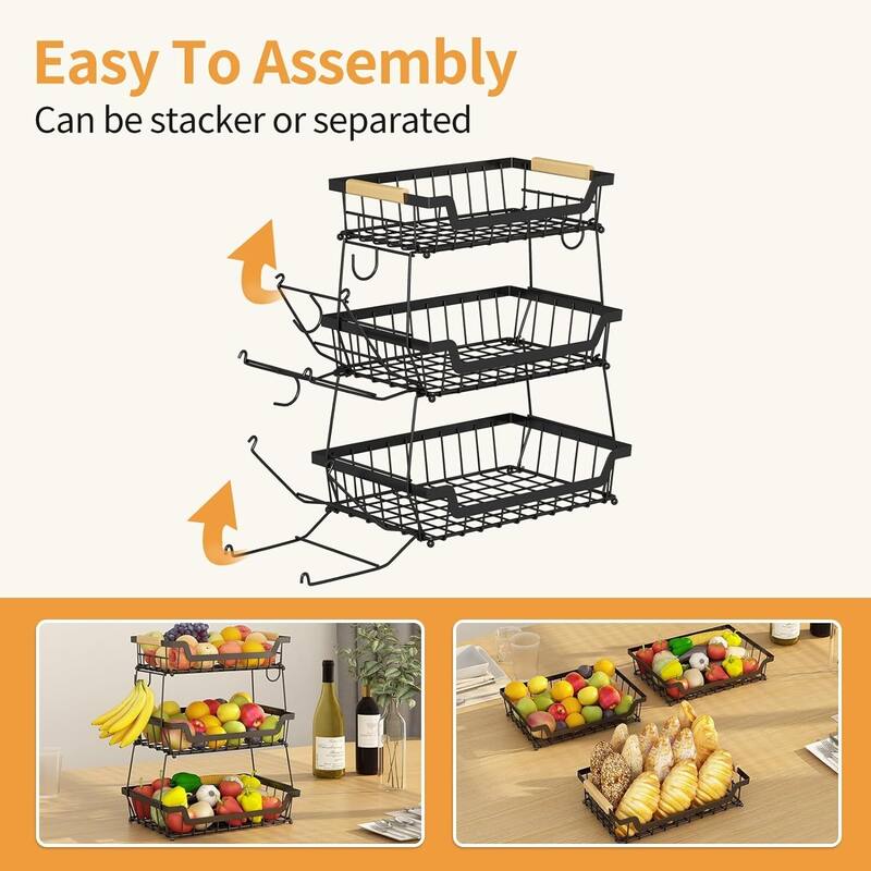 3 Tier Countertop Fruit Basket with 2 Banana Hangers for Kitchen
