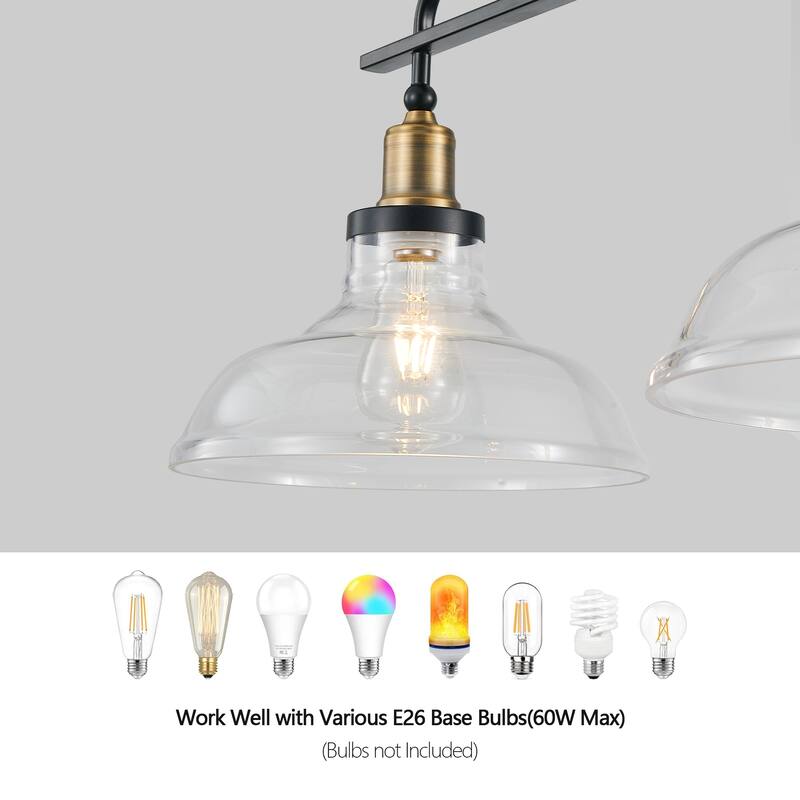 Industrial-Style 3-Light Pendant Light with Transparent Glass Shade, for Kitchen Islands, Dining Rooms and Living Rooms