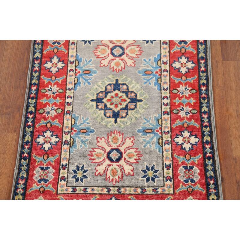 Geometric Kazak Oriental Accent Rug Handmade Grey Wool Carpet - 2'0"x 2'11"