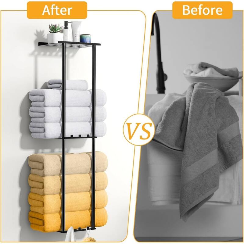 Wall-mounted towel rack with 6 hooks, 3 shelves