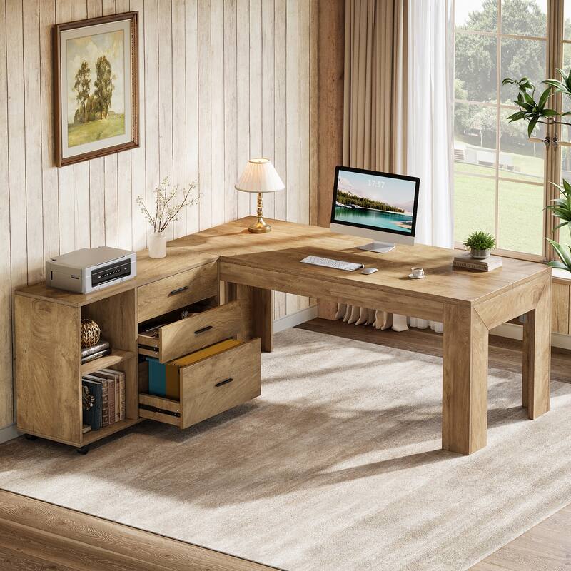 63" L Shaped Executive Office Desk with Mobile Lateral File Cabinet - Brown