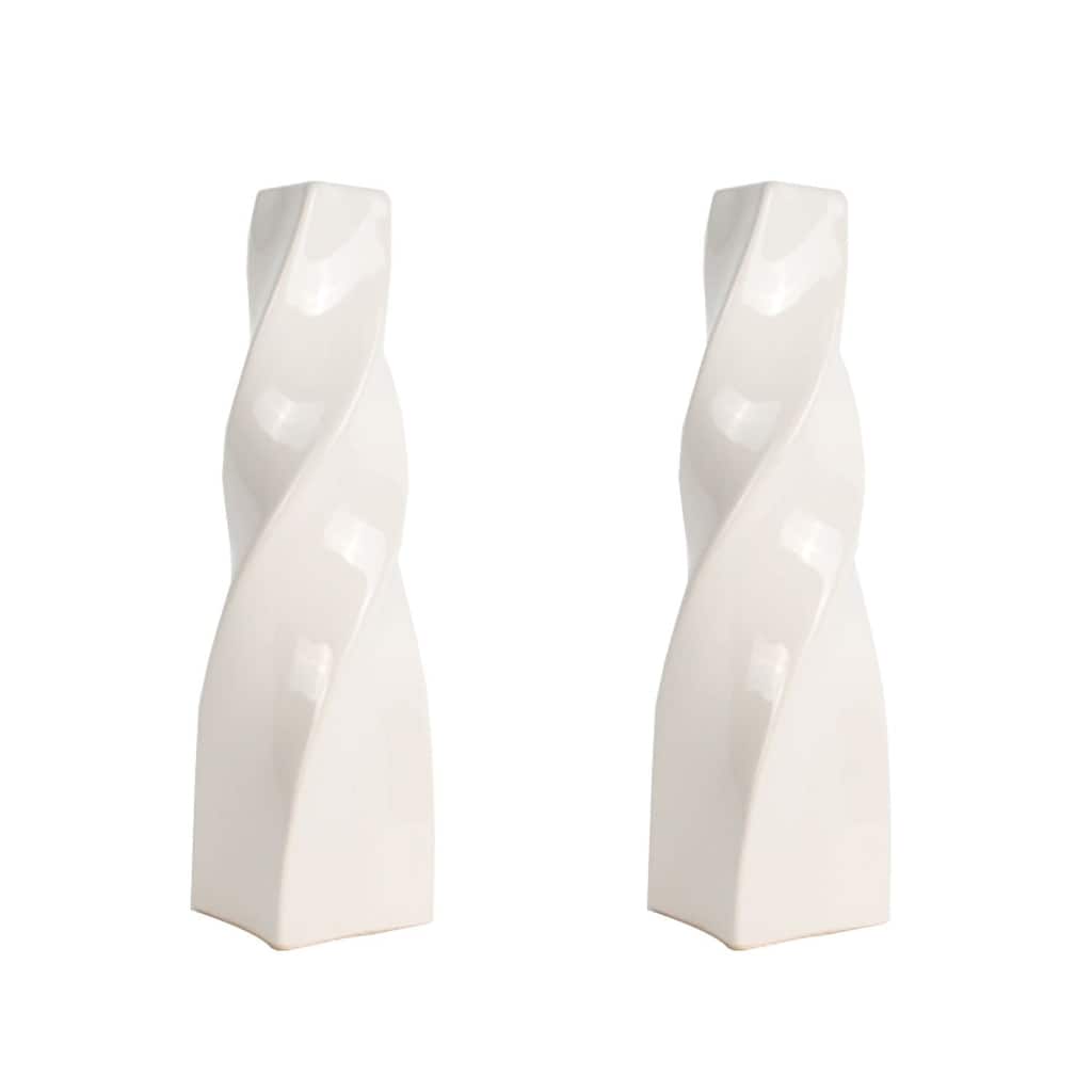 White Tall Curvy Santa Fe Style Ceramic Candlesticks Set of Two