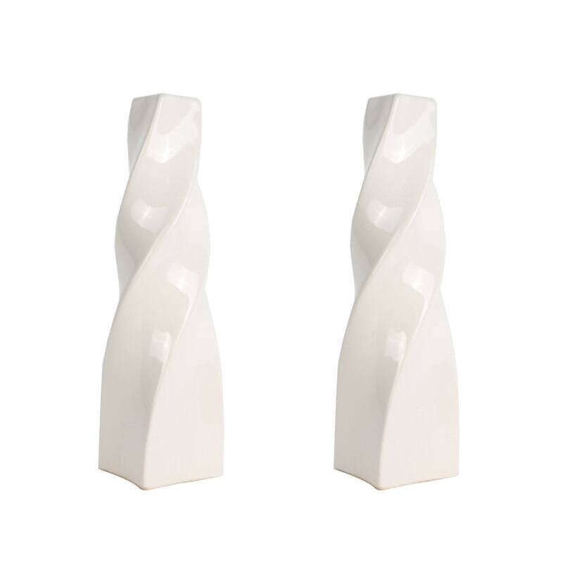 White Tall Curvy Santa Fe Style Ceramic Candlesticks Set of Two - White