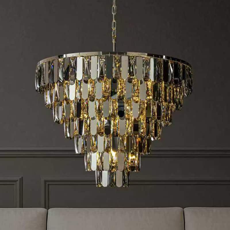 Dimmable Modern Smoked Crystal Chandelier Contemporary Round Polished Nickel Pendant Light Fixture for Dining Room Bedroom