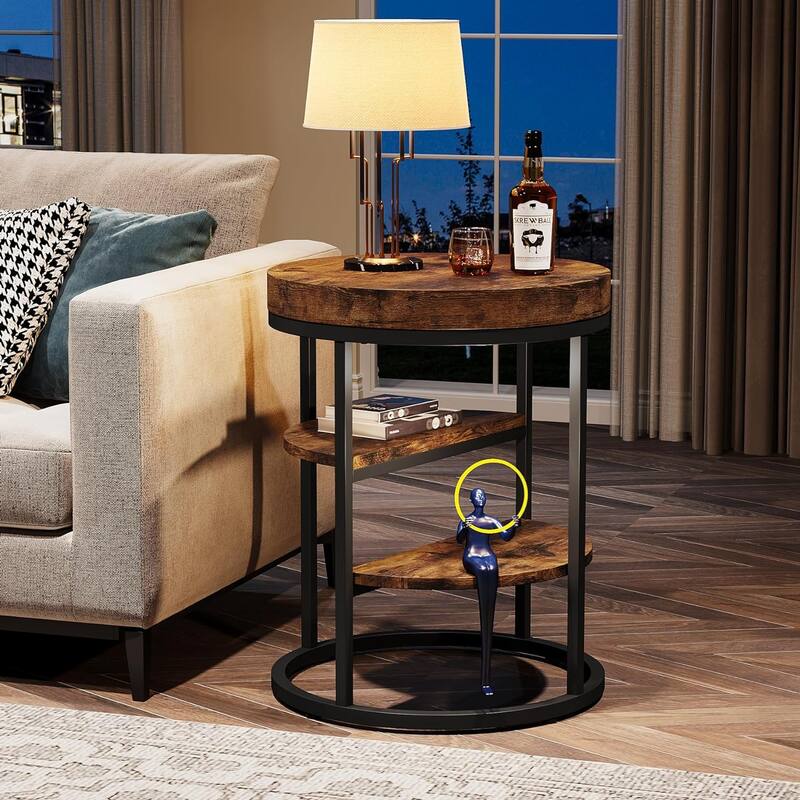 Round End Table, 3 Tiers Side Table with Storage for Living Room