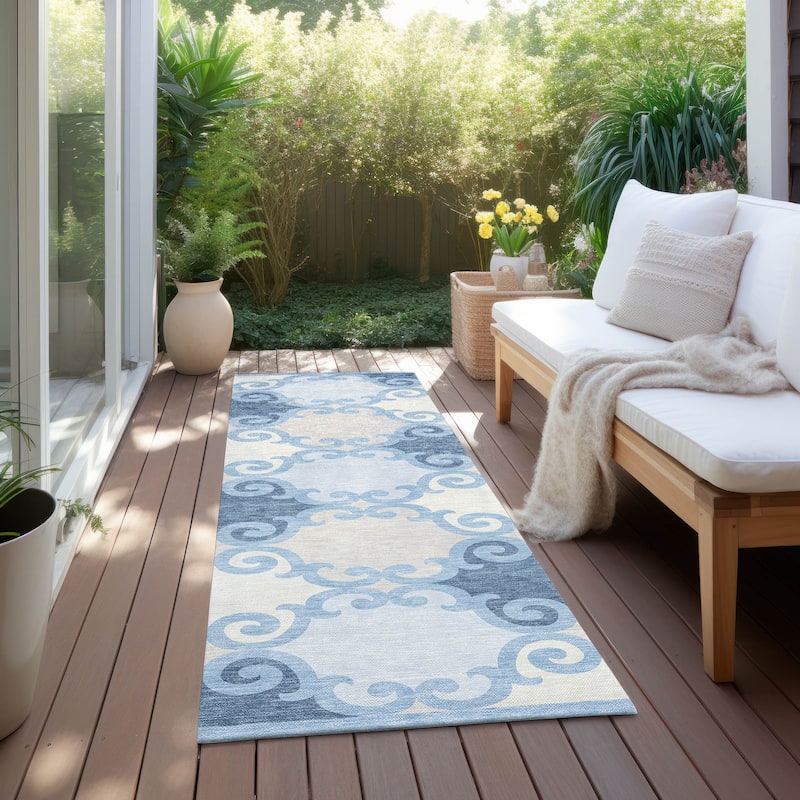 Machine Washable Indoor/ Outdoor Chantille Scroll Rug - Sky - 2'3" x 7'6"