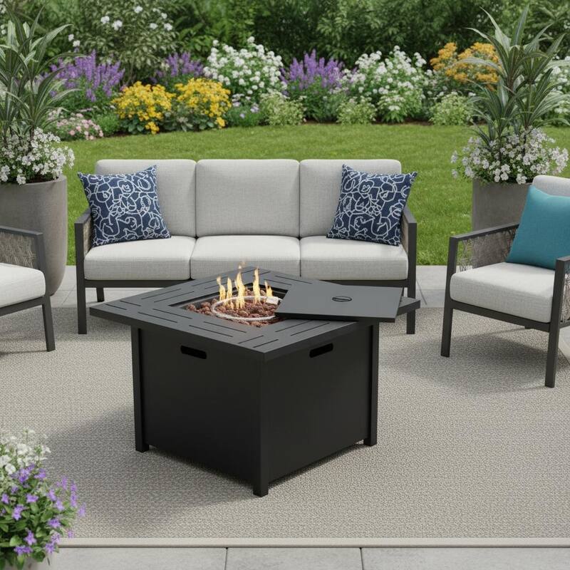 50000 BTU 28" Black Steel Propane Square Fire Pit Table With Cover - Black - Propane