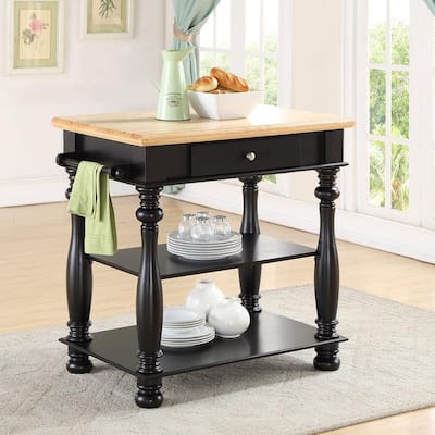 Compact Black Kitchen Island, Storage Drawer, Cutting Board, 2 Shelves, Towel Bar