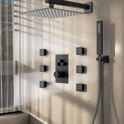 Shower System 12" Wall Mount Rainfall Shower Head 3 Way Thermostatic Faucet with 6 Body Jets