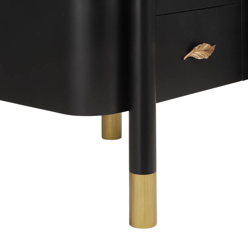 Contemporary 2-Drawer Nightstand - Curved Profile + Metal Feather Handles, Exposed Legs, Easy Assembly (Black)