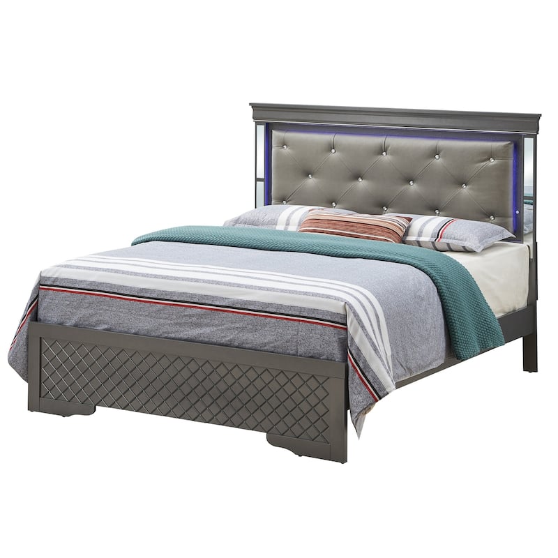 Jewel Tufted Upholstered Mirrored Panel Queen Bed with LED Light - 85" - Black